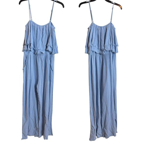 Umgee Light Blue Linen Cotton Blend Wide Leg Jumpsuit W/Pockets Size Medium NEW - Picture 1 of 6